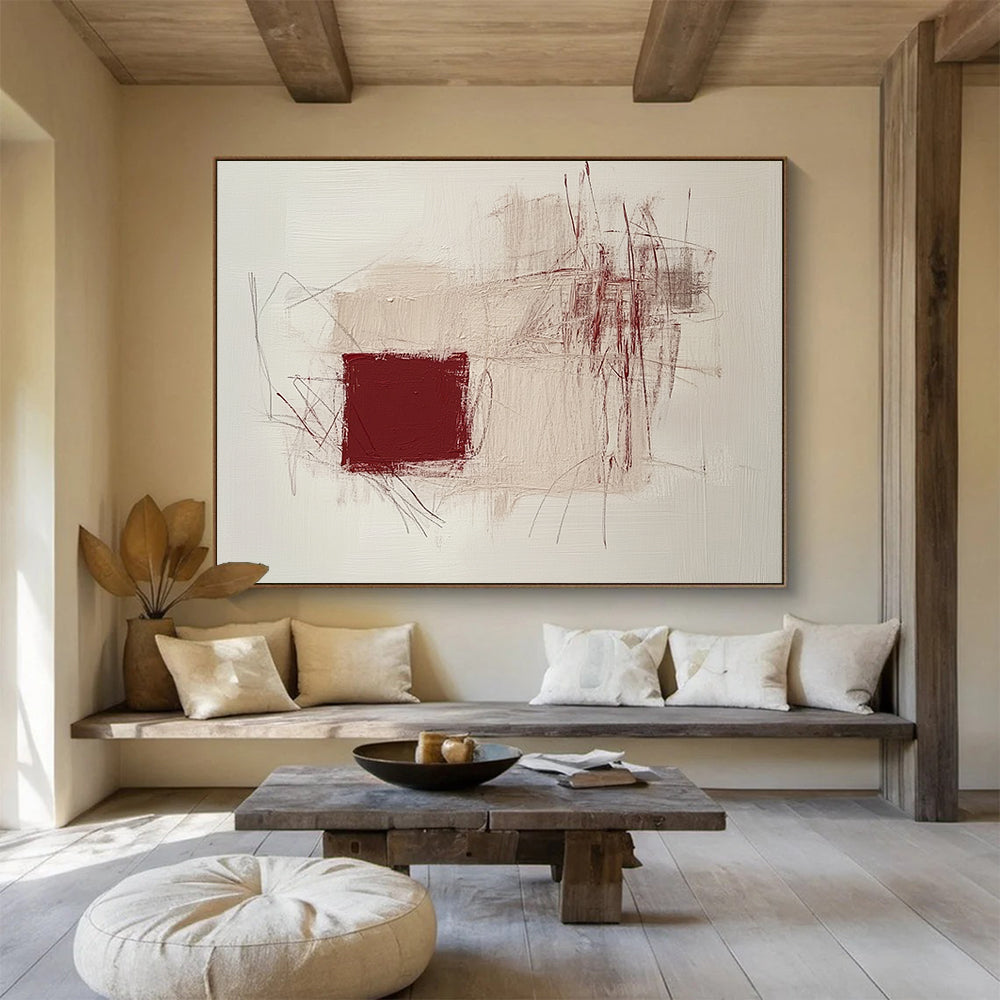 “Minimalist Maroon & Beige Abstraction” - Maroon, Beige, Abstract Shapes Painting On Canvas HB0767