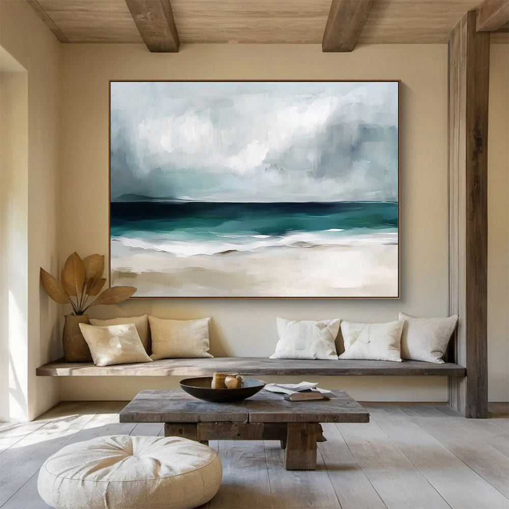“Stormy Beach Abstract” - Gray, Teal, White, Beige - Abstract Stormy Beach Scene - Acrylic Painting HB1310