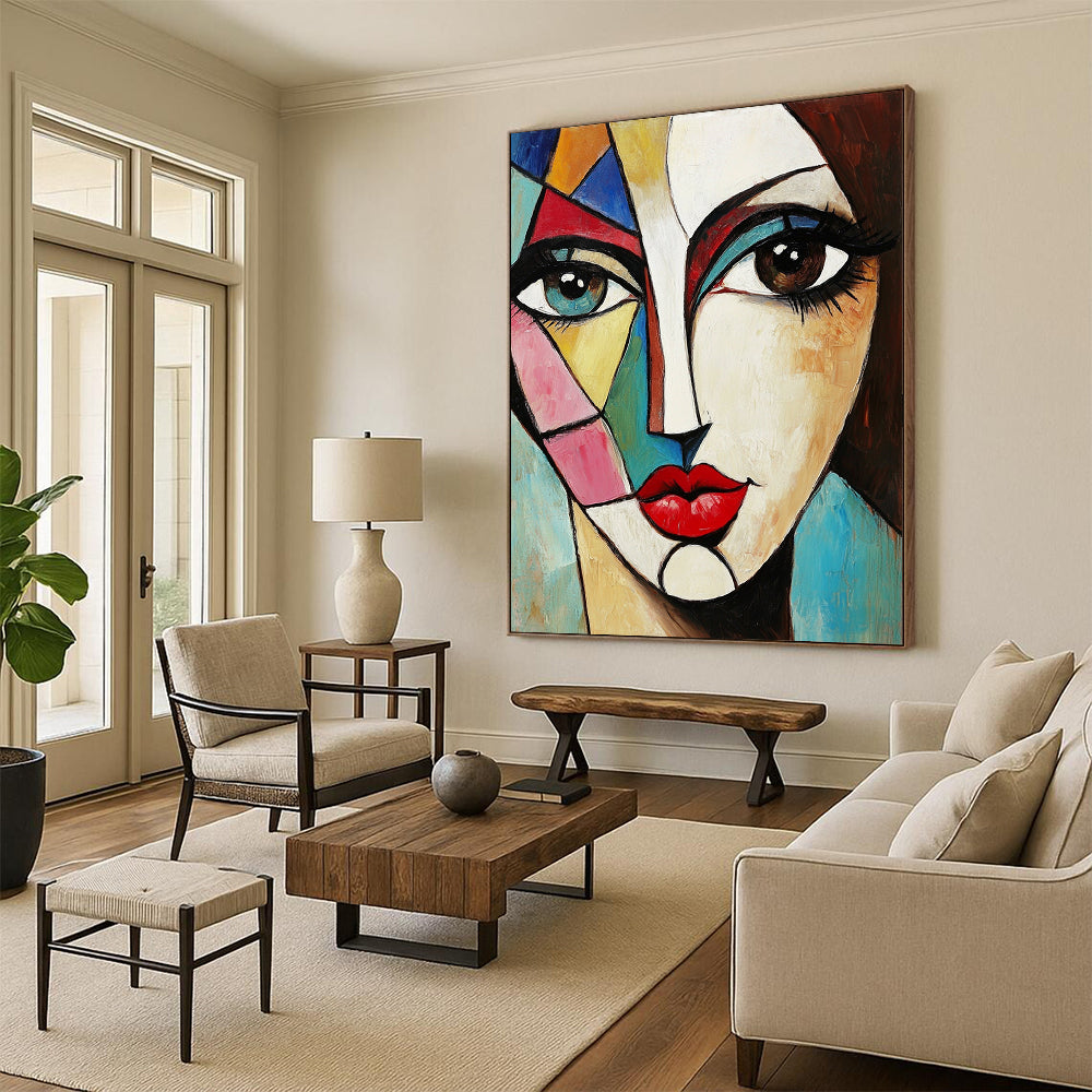 Contemporary abstract painting featuring a woman's face with large eyes vibrant geometric shapes red lips and brown hair on a square canvas. DLZ0376