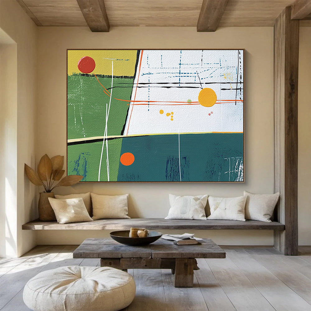 “Colorful Geometric Landscape” - Green, Yellow, Blue, Red with Geometric Forms - Abstract Acrylic Painting HB1354