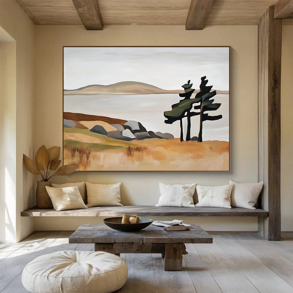 “Minimalist Landscape with Trees” - Beige, Green, Gray, Simplified Nature Scene - Acrylic Painting HB1647