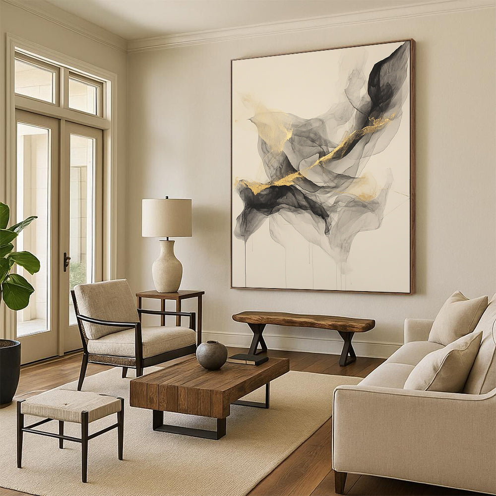 Beige, Gray, Gold, Flowing Shapes "Smoky Allure" Abstract Painting On Canvas HB028