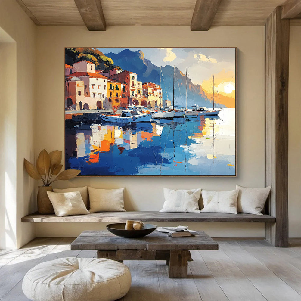 “Harbor Sunset Reflections” - Warm Oranges, Yellows, Cool Blues, Harbor at Sunset - Impasto Oil Painting HB1748