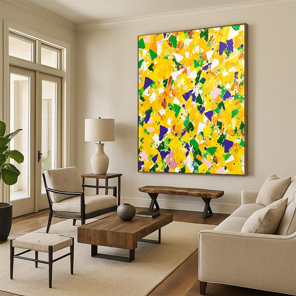 Contemporary hand-painted abstract artwork featuring vibrant yellow and green with purple accents, dynamic shapes, and energetic brushstrokes for a joyful atmosphere. DLZ1505