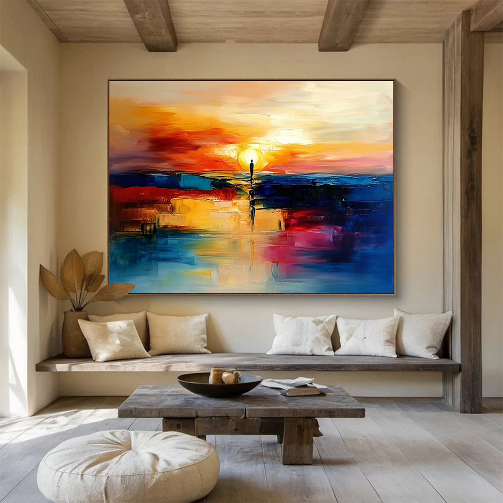 “Sunset Silhouette Reflection” - Orange, Red, Blue, Figure & Sunset Painting On Canvas HB0735