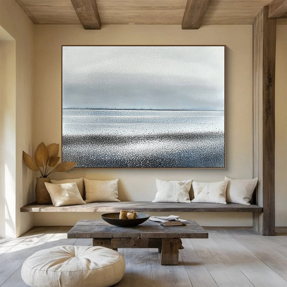 “Silver - Gray Dotted Horizon” - Silver, Gray, Dotted Coastal Lines Painting On Canvas HB0788