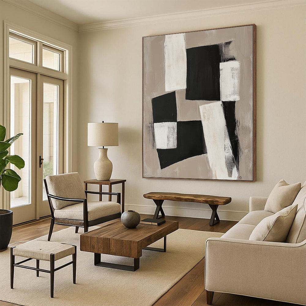 Large contemporary abstract painting featuring black and white organic blocks on a beige background connected by delicate lines for a unified minimalist design. DLZ1026