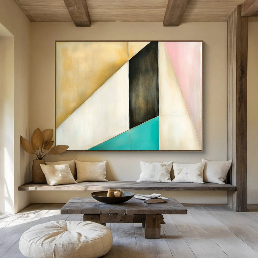 “Geometric Color Block” - Gold, Black, White, Pink, Teal, Geometric Shapes - Painting On Canvas HB1436
