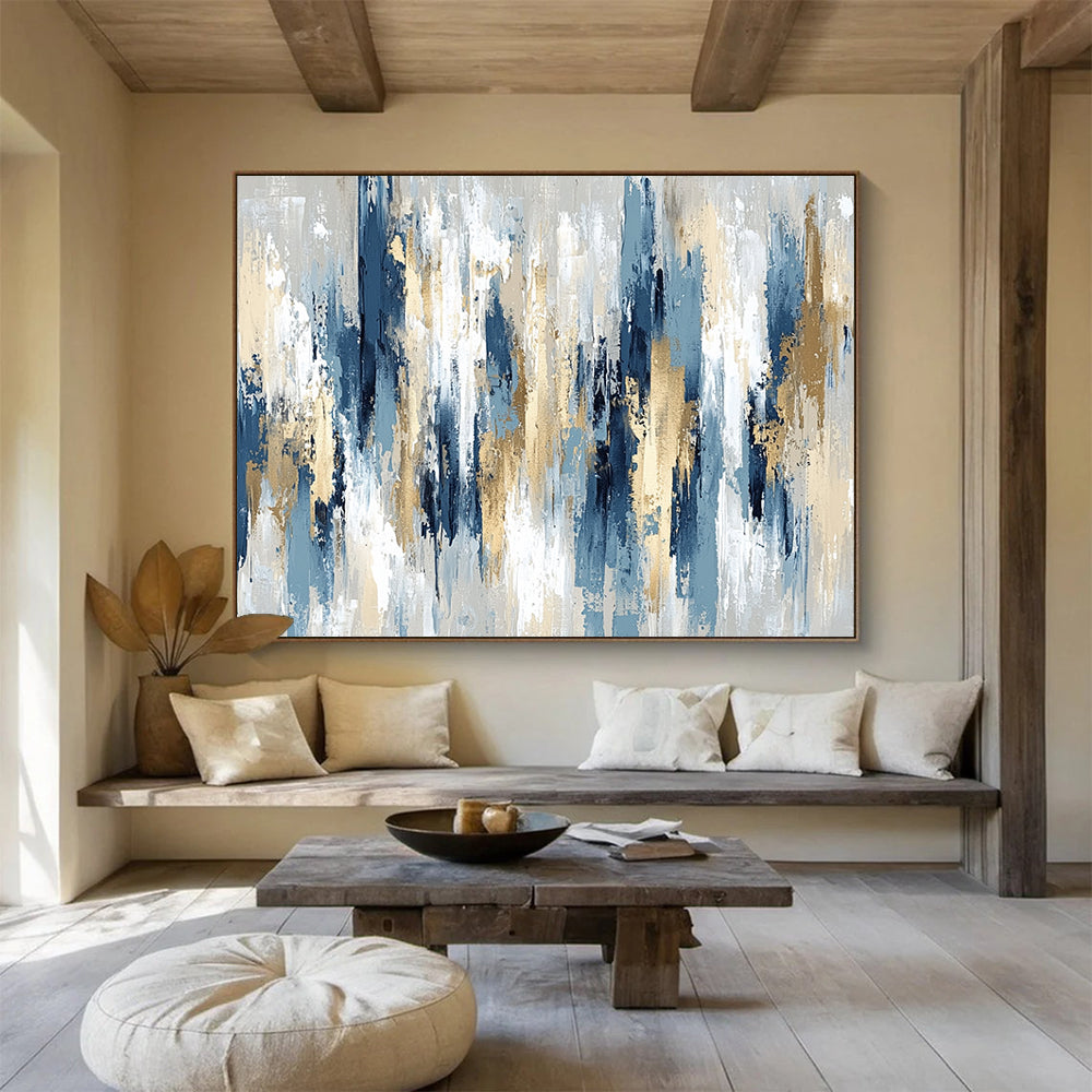“Elegant Blue, Gray, and Gold Vertical Strokes” - Blue, gray, gold; Abstract vertical strokes with gold accents; Acrylic Painting On Canvas HB1231