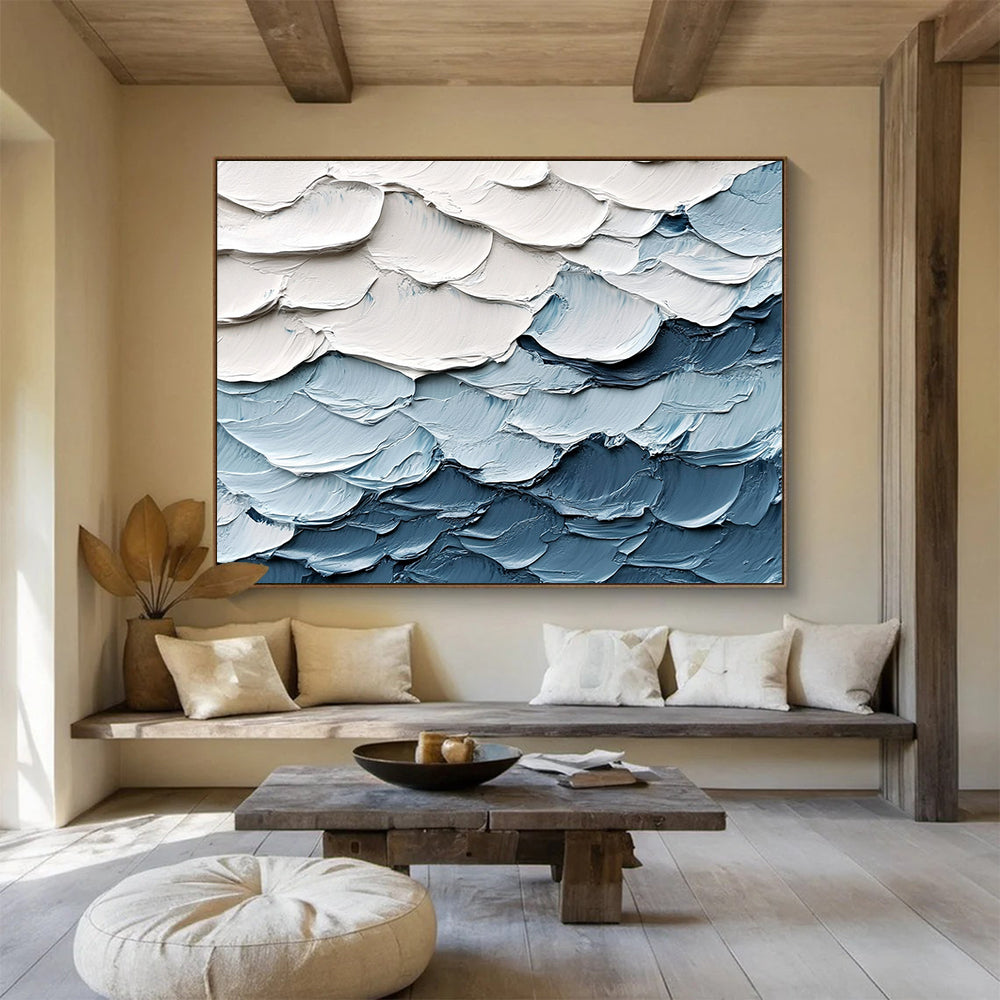 “Textured Wave Layers” - White, Blue, Gray - Impasto Ocean Waves - Acrylic Painting HB1335