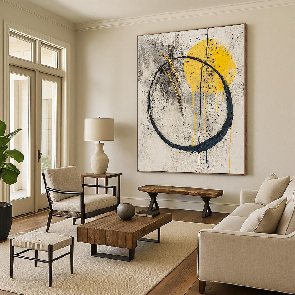 Gray, Yellow, Black, Gold, Circular Motifs "Sunrise Enso" Abstract Zen - Inspired Painting On Canvas HB057