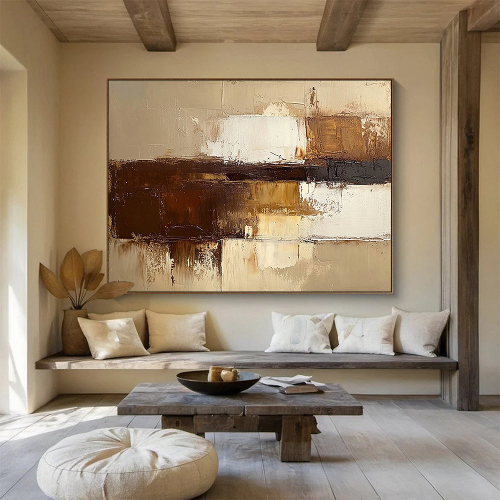 “Earthy Layers” - Brown, Beige, White, Textured Abstract Blocks Painting On Canvas HB1039