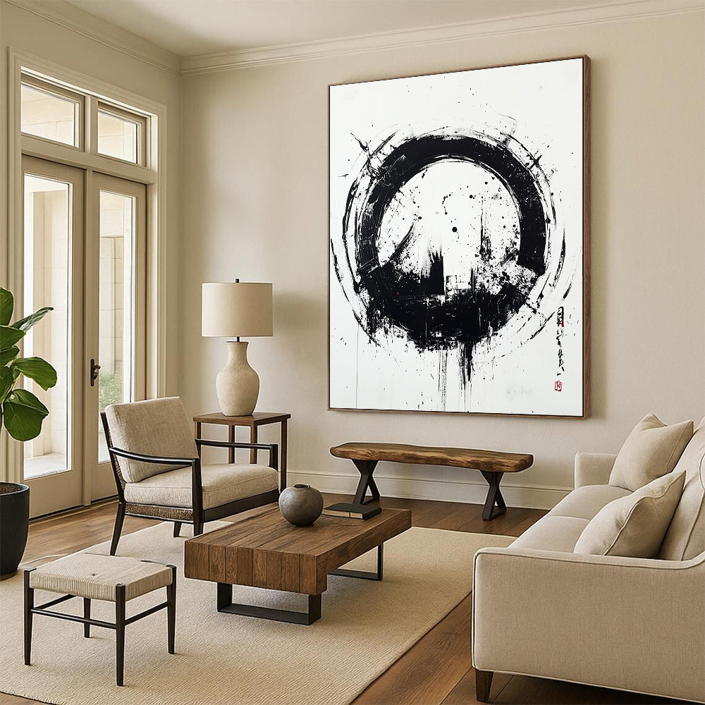 Black and White Circular Ink "Zen Circle" Painting On Canvas HB252