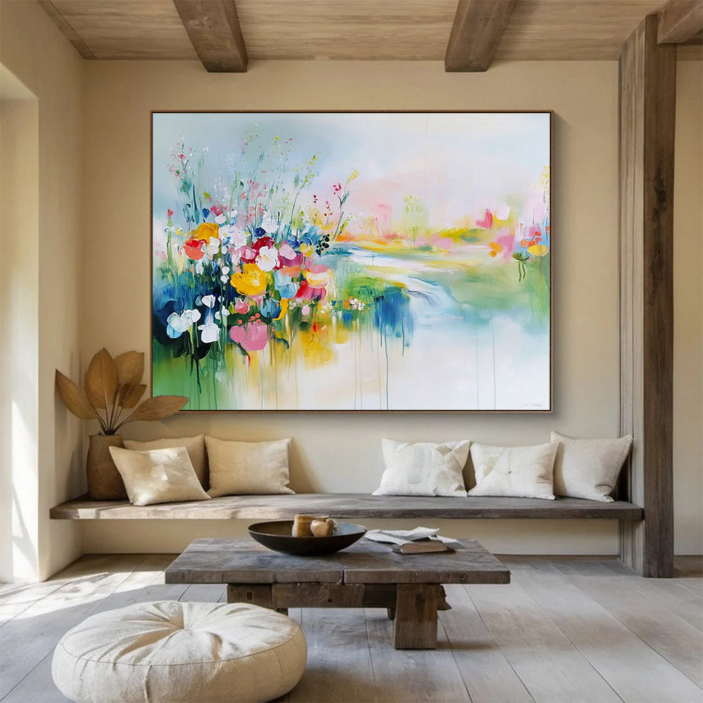 Colorful Flower Field by the River - Dreamy Abstract Landscape Painting On Canvas HB0433