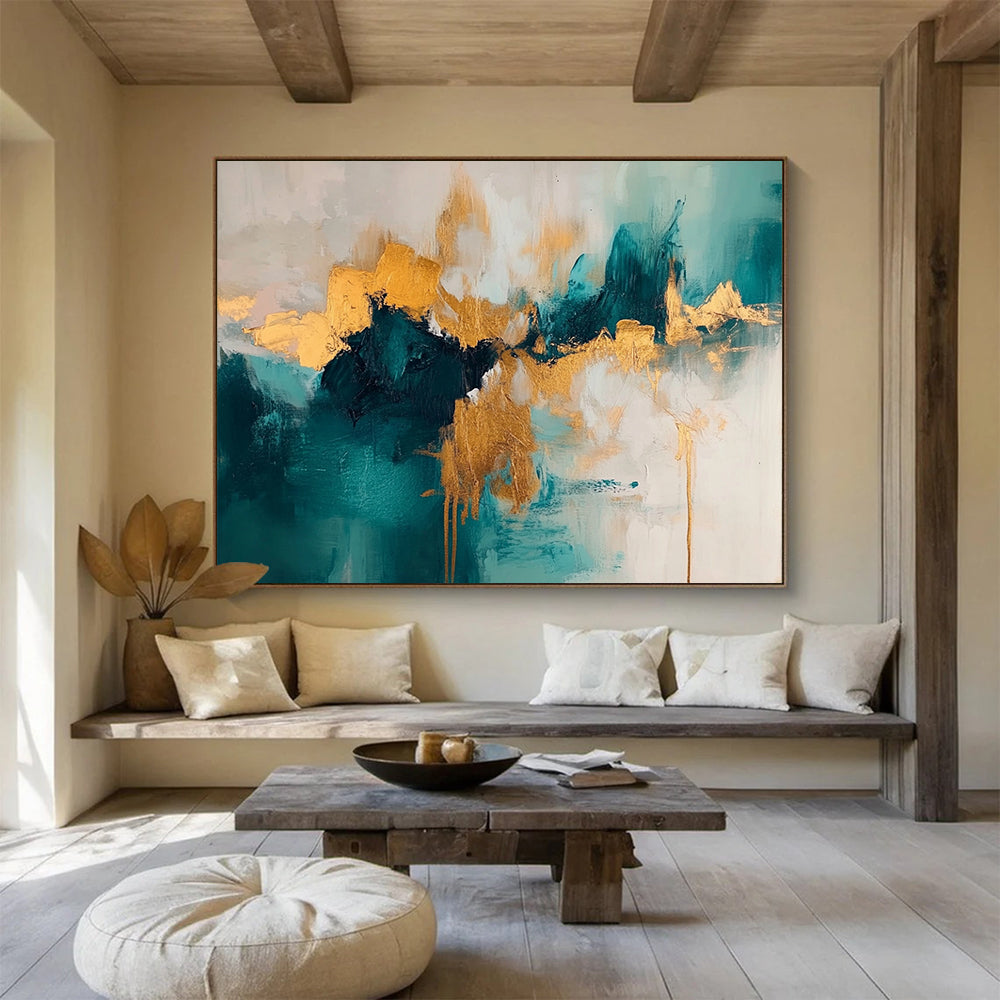 “Colorful Abstract Landscape” - Green, blue, purple, orange, yellow; Colorful abstract landscape with thick brushstrokes; Oil Painting On Canvas HB1285