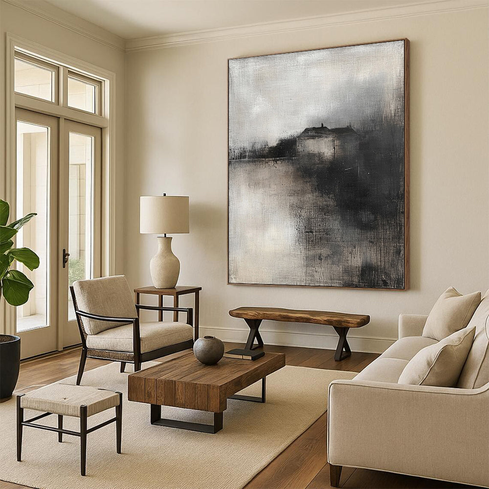 Contemporary abstract painting featuring a soft misty landscape with neutral tones and a small village on the horizon. DLZ0389