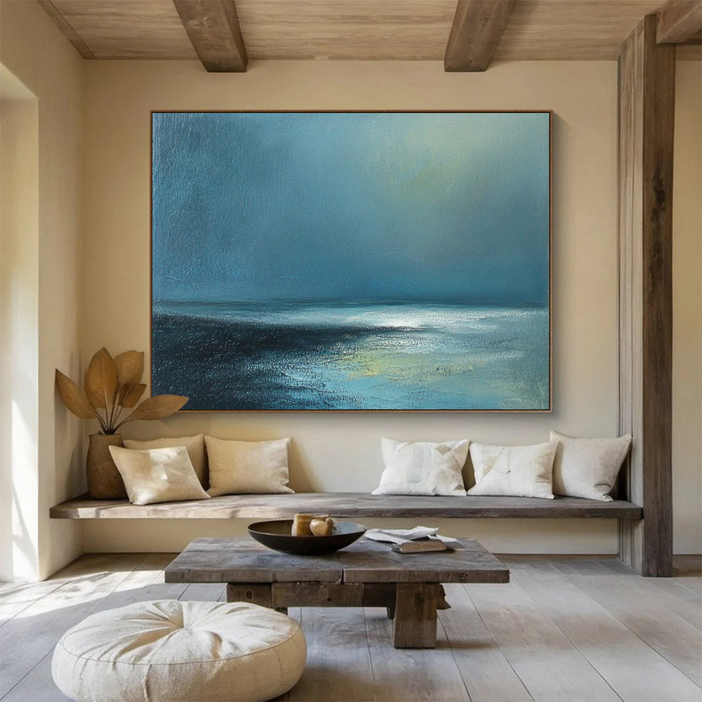 “Deep Blue Sea” - Dark Blue, Light Blue, Hints of Green, Calm Ocean and Sky Painting On Canvas HB0922