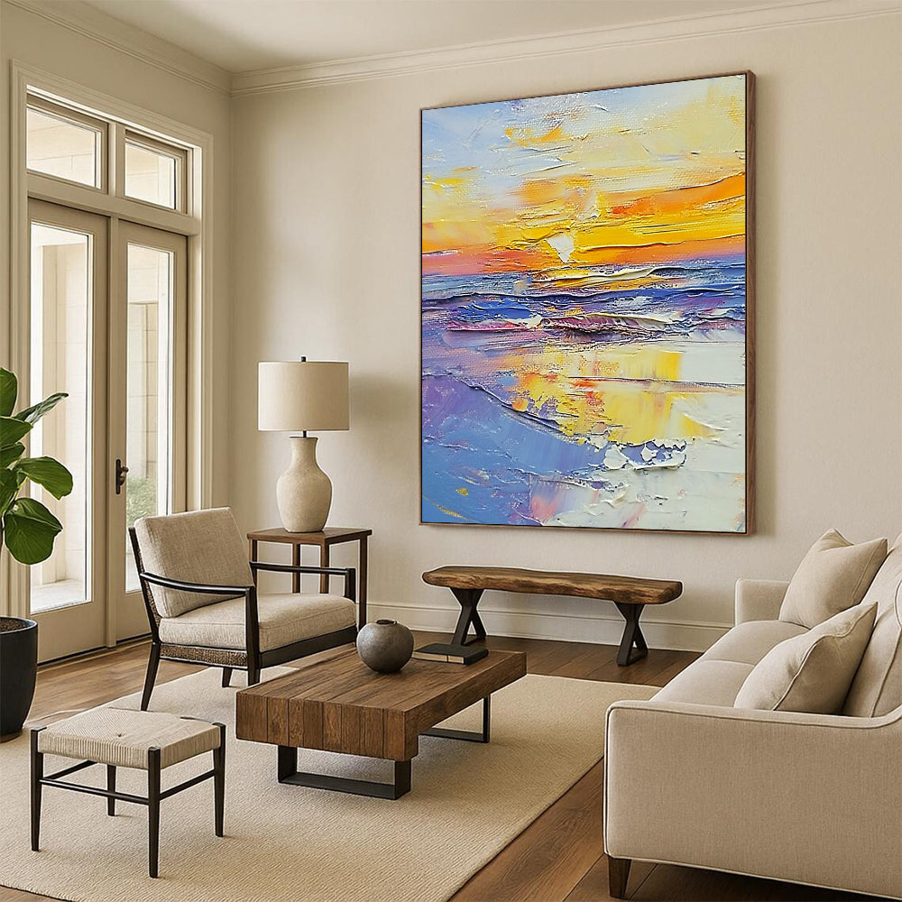 Contemporary large abstract painting showcasing vibrant sunset beach colors in white, blue, yellow, purple, light orange, and pink with palette knife technique. DLZ0647