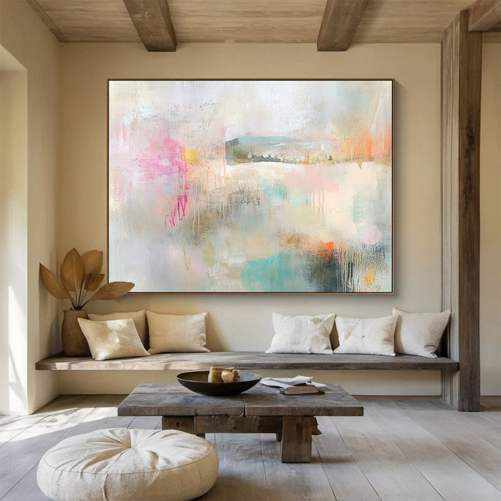 “Soft Pastel Abstract Landscape” - Pastel Pink, Blue, Green, Beige with Hazy Forms - Painting On Canvas HB1376