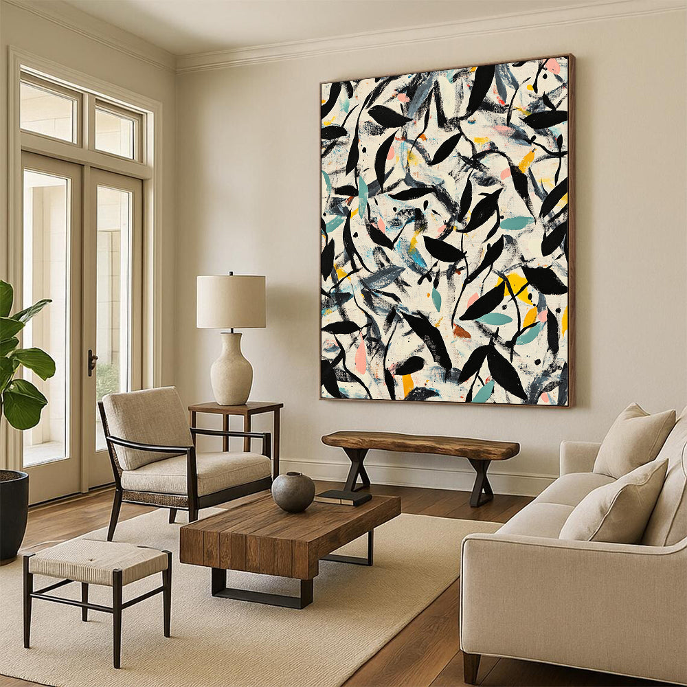 Black, Green, Blue, Yellow, Leafy Chaos "Botanical Burst" Abstract Expressionist Painting On Canvas HB081