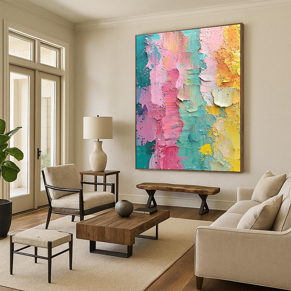 Contemporary hand-painted abstract artwork featuring vibrant pink green yellow and teal layers with textured brushstrokes and the word blessed at its center. DLZ1248