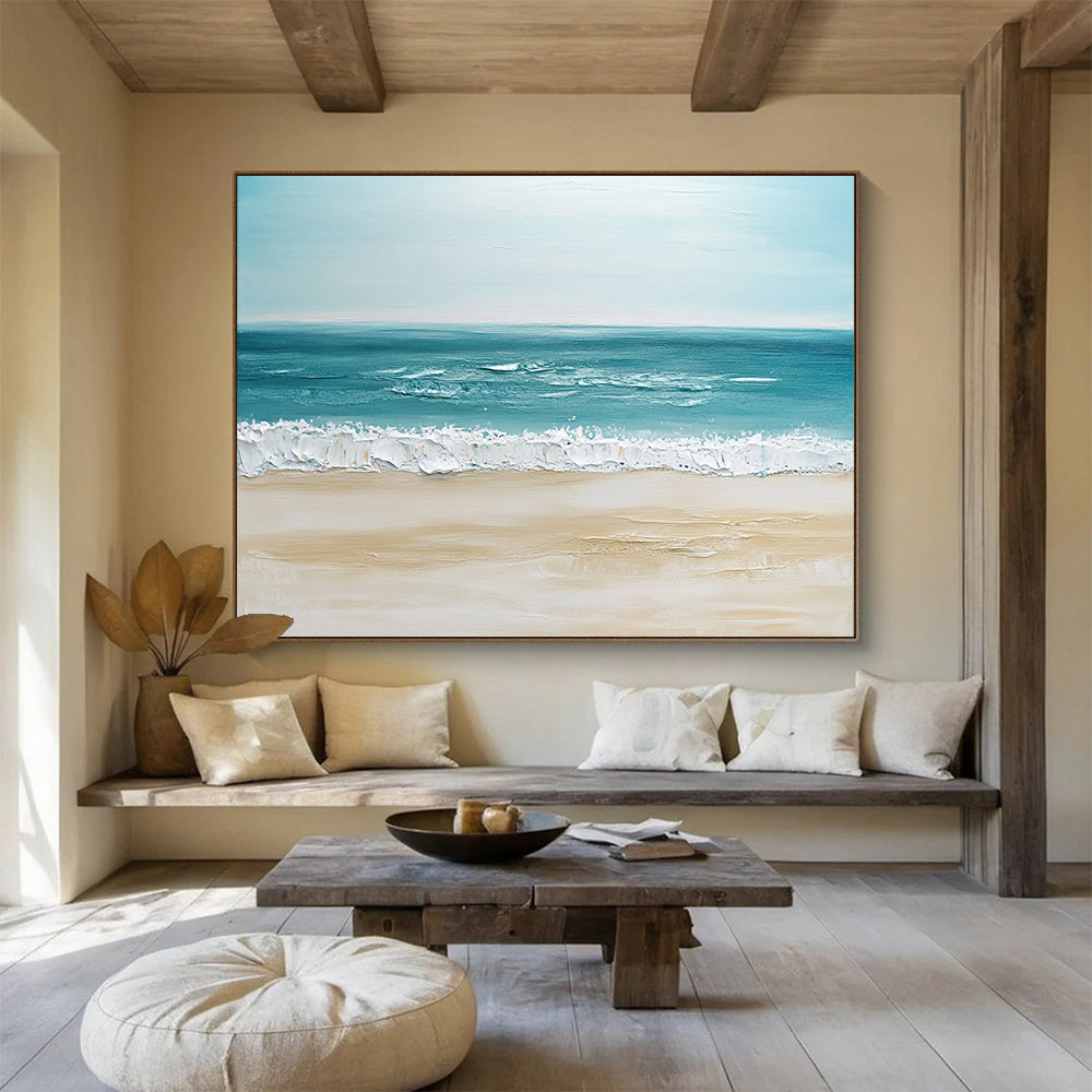 “Minimalist Beach” - Soft Blues, Beiges, Whites, Calm Beach Scene - Impasto Oil Painting HB1745
