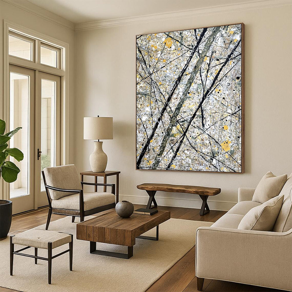 Large contemporary hand-painted abstract artwork features gray and yellow splashes alongside intricate black lines representing tree branches. DLZ1587