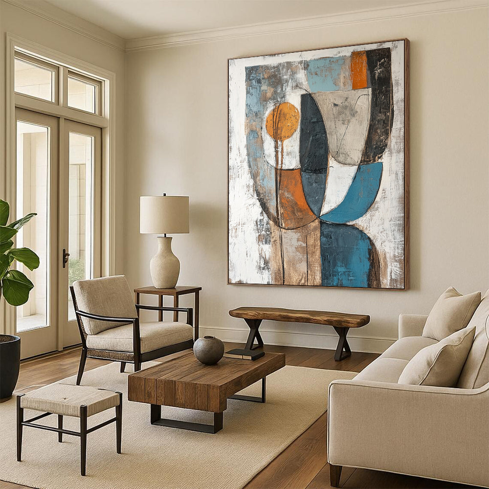 Gray, Blue, Orange, Brown and White Abstract Shapes "Nature's Abstraction" Painting On Canvas HB357