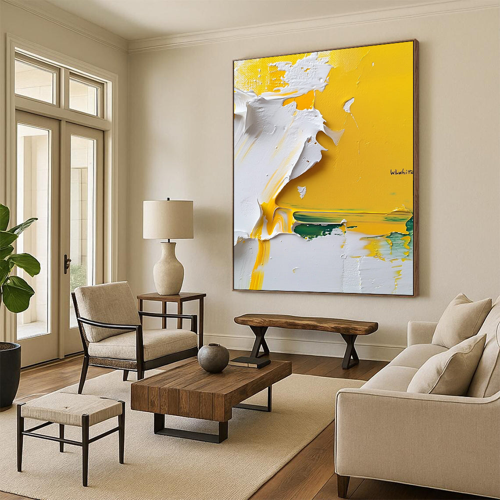 Contemporary hand-painted abstract artwork features vibrant yellow and white textures on a pure white background showcasing intricate impasto techniques. DLZ1185