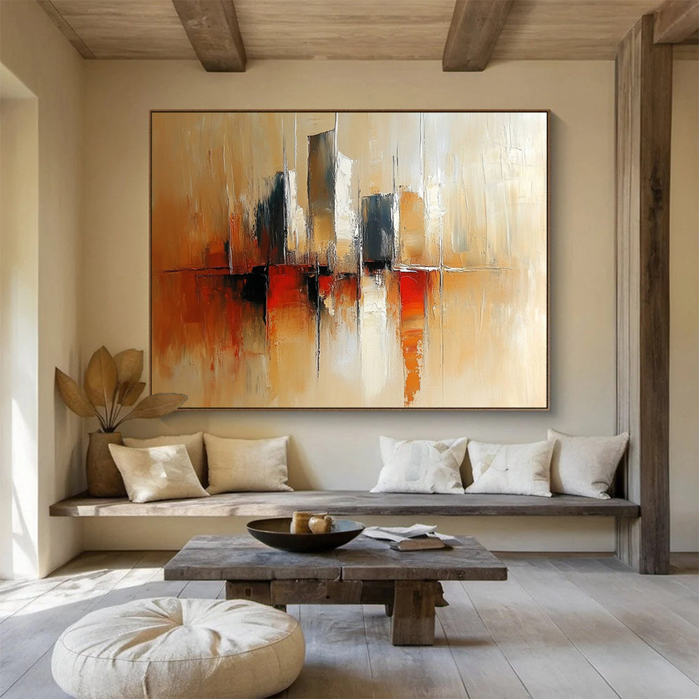 “City Silhouette in Warm Tones” - Beige, Brown, Red, Abstract Cityscape Painting On Canvas HB0966