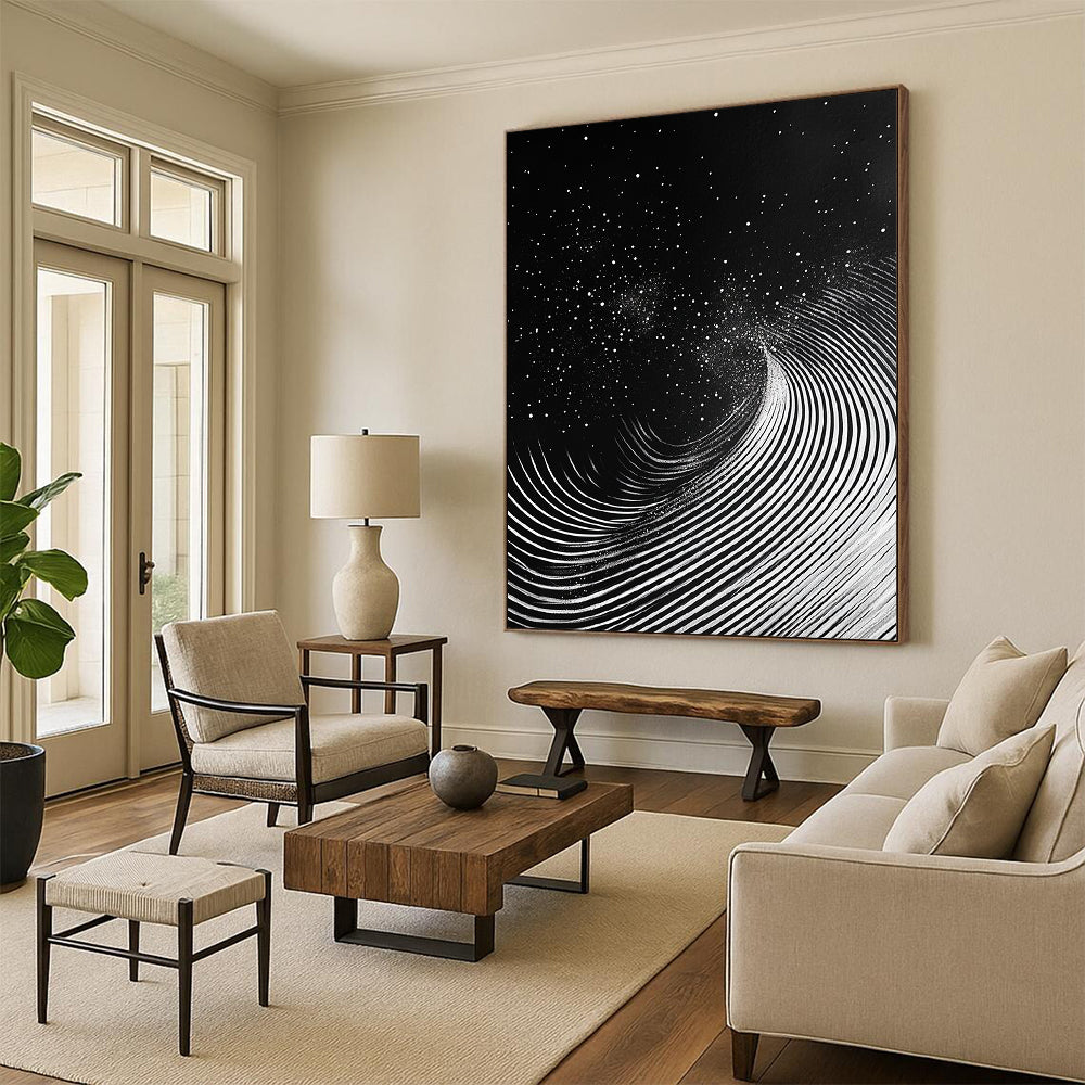 Black & White Swirling Lines & Dots - “Celestial Ink Vortex” Painting On Canvas HB227