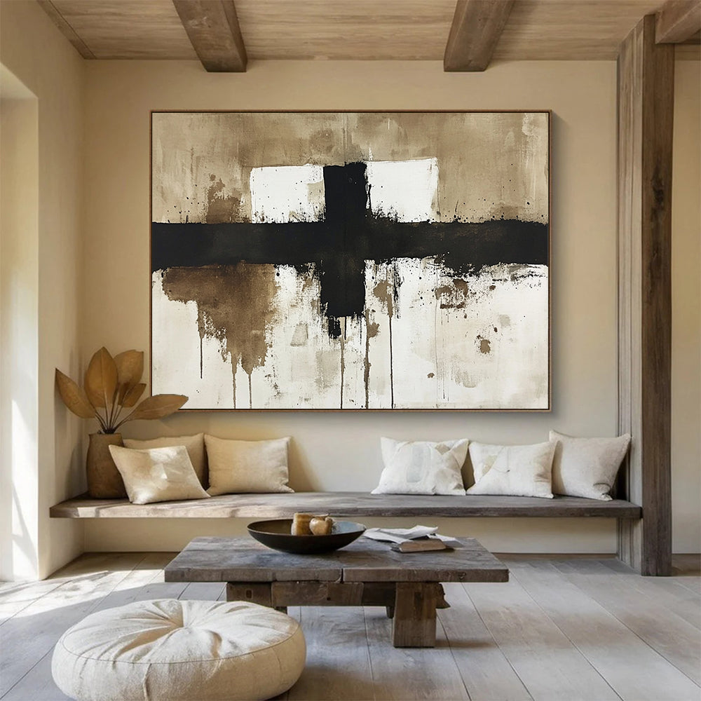 “Minimalist Cross in Earth Tones” - Black, Brown, White, Simplified Cross with Dripping Effects - Abstract Ink - style Painting HB1767