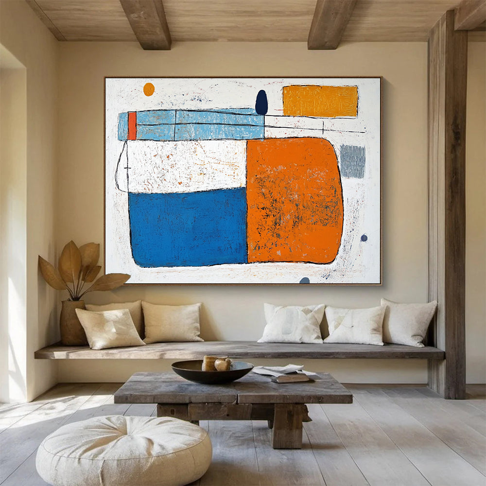 “Colorful Geometric Abstract” - Blue, orange, white, gray, yellow; Colorful geometric abstract shapes; Acrylic Painting On Canvas HB1255