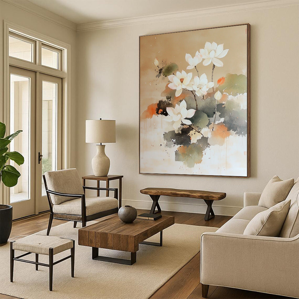 Contemporary hand-painted abstract artwork featuring a white lotus tree blooming on a soft brown background with delicate brushstrokes and ethereal watercolor techniques. DLZ1415
