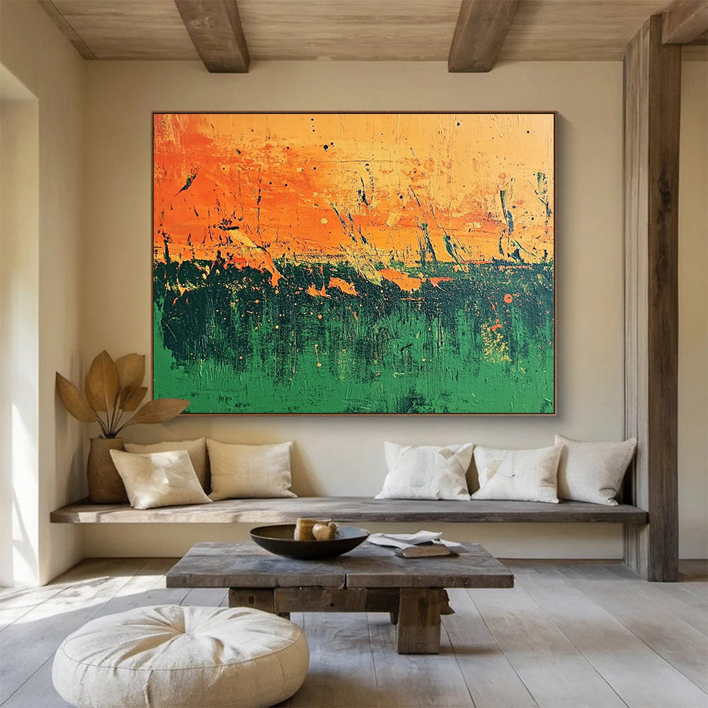 “Orange - Green Abstract Field” - Orange, Green, Abstract Field, Textured Layers HB1125