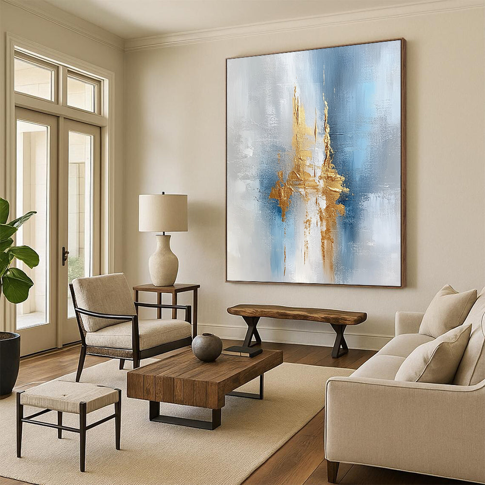 Large contemporary hand-painted abstract artwork featuring a textured light gray and white background with intricate blue and gold accents. DLZ0328