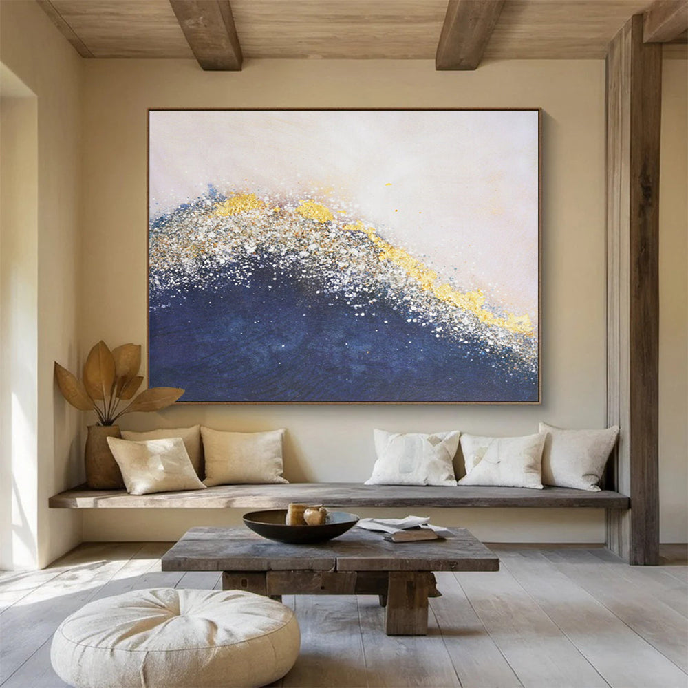 Gold & Blue Abstract Wave - Elegant Living Room or Bedroom Art DLZ268