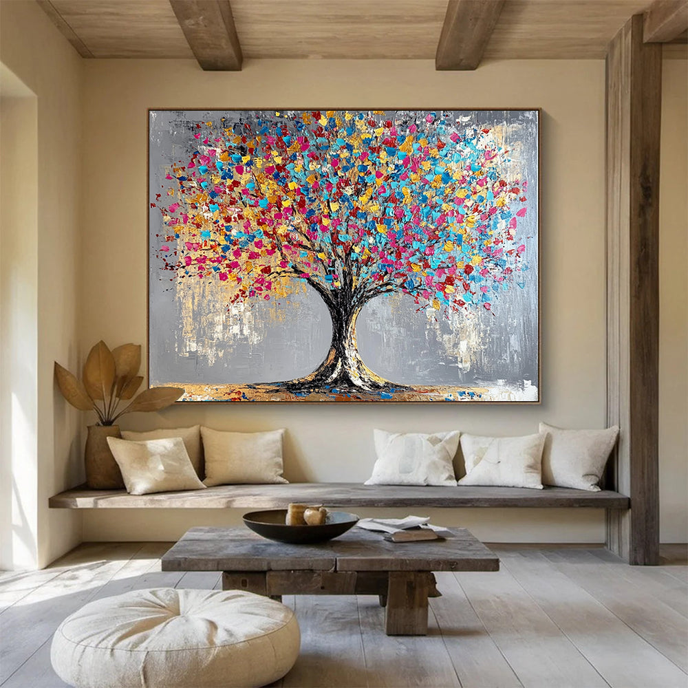 “Rainbow Leaf Tree” - Gray background, vibrant leaves, textured trunk, Abstract Tree Painting On Canvas HB0591