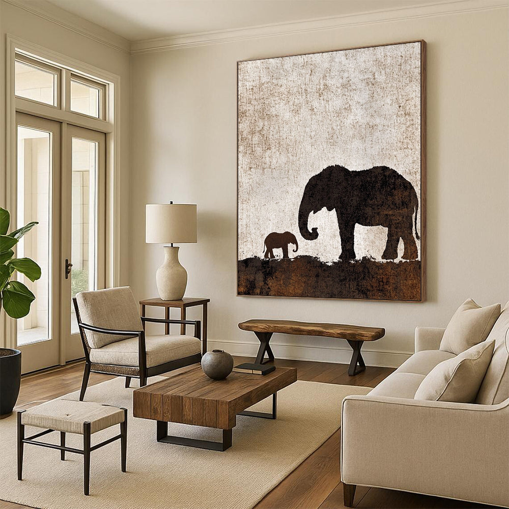 Contemporary abstract artwork featuring an elephant silhouette with calf on a textured brown and white background, perfect for any modern space. DLZ1088