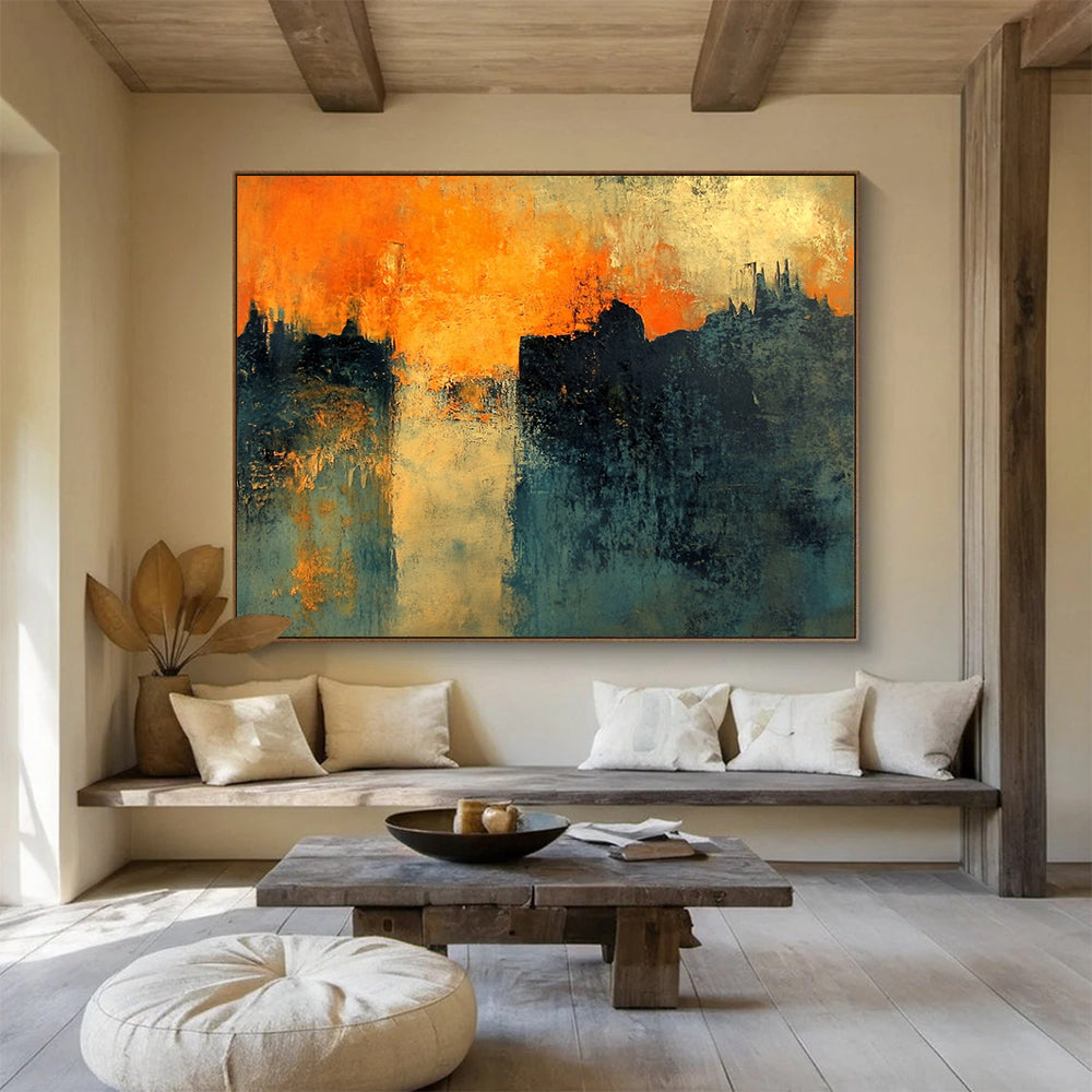 “Orange Sunset City Silhouette” - Orange, Blue, Black, Abstract Dramatic City Sunset Painting On Canvas HB1095
