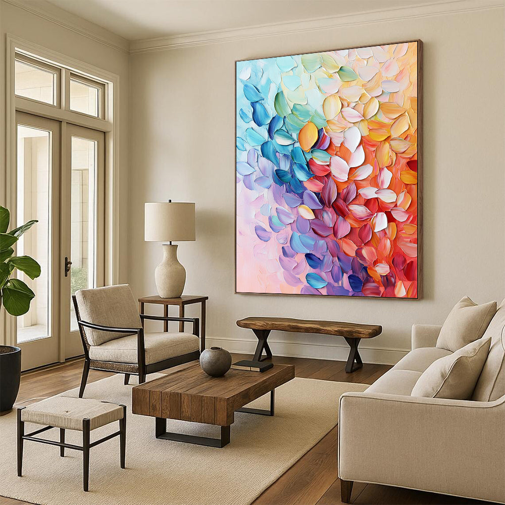 Contemporary hand-painted abstract art featuring textured leaves and vibrant foliage in pink blue purple orange and green with rich details and delicate brushstrokes. DLZ1568