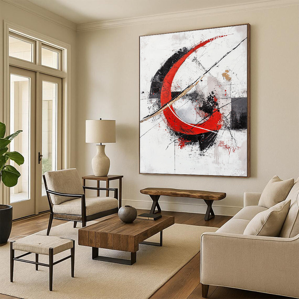White, Red, Black, Gray, Gold, Circular Motifs "Crimson Enso" Abstract Zen - Inspired Painting On Canvas HB070