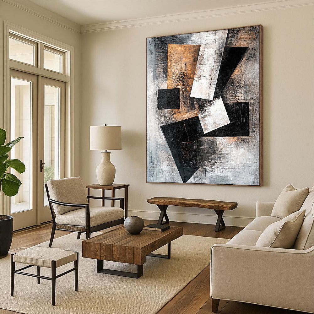 Gray, Black, White, Brown, Geometric Shapes "Industrial Puzzle" Abstract Cubist - Inspired Painting On Canvas HB059