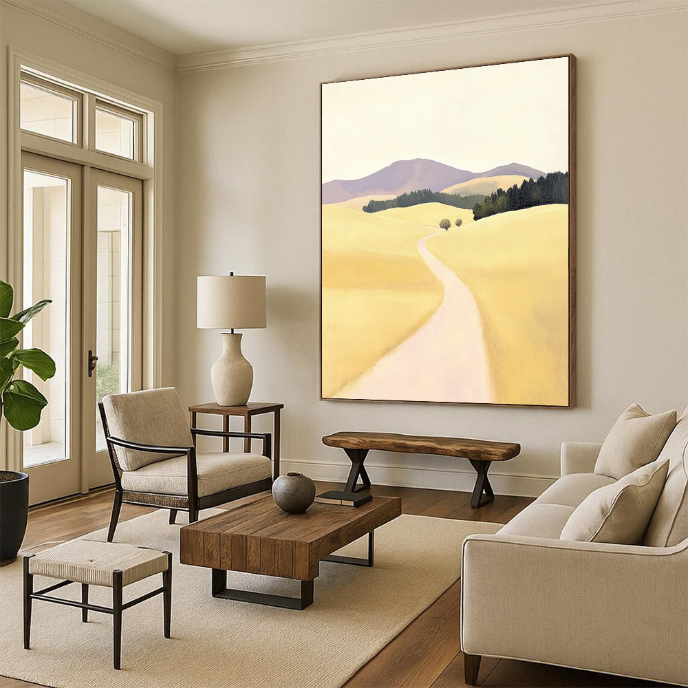 Contemporary hand-painted abstract artwork featuring a serene rural road in New Zealand with rolling hills in soft yellow tones and minimalistic design. DLZ1099