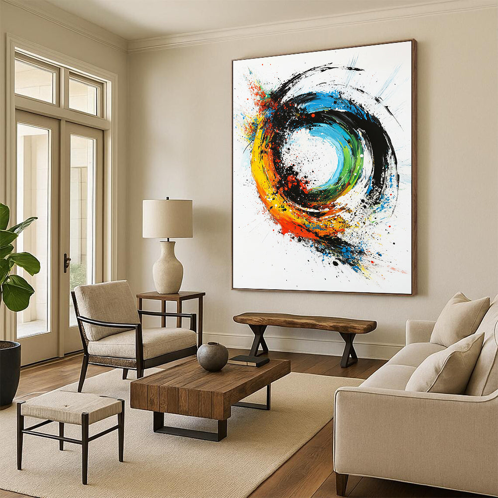 Colorful, Swirling Circle "Vibrant Color Vortex" Abstract Expressionist Painting On Canvas HB177