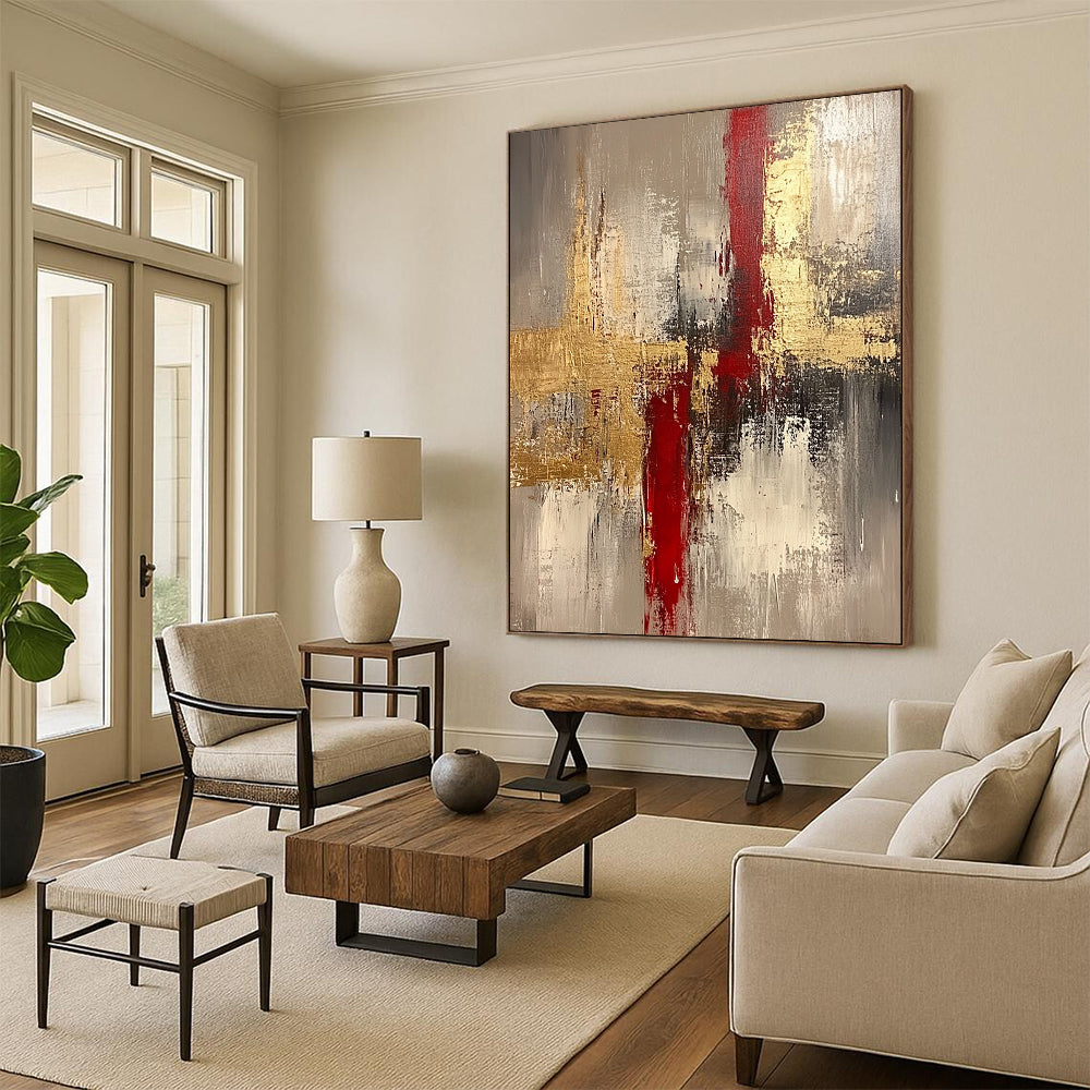 Contemporary hand-painted abstract artwork featuring rich beige tones enhanced with gold and red accents creating a striking visual experience. DLZ0438
