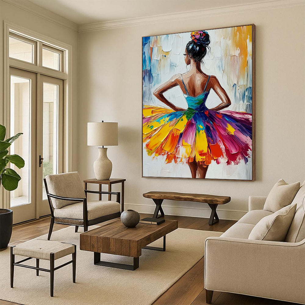 Vibrant contemporary abstract art featuring an African American ballerina in a colorful tutu with expressive brushstrokes on a textured white canvas. DLZ1118