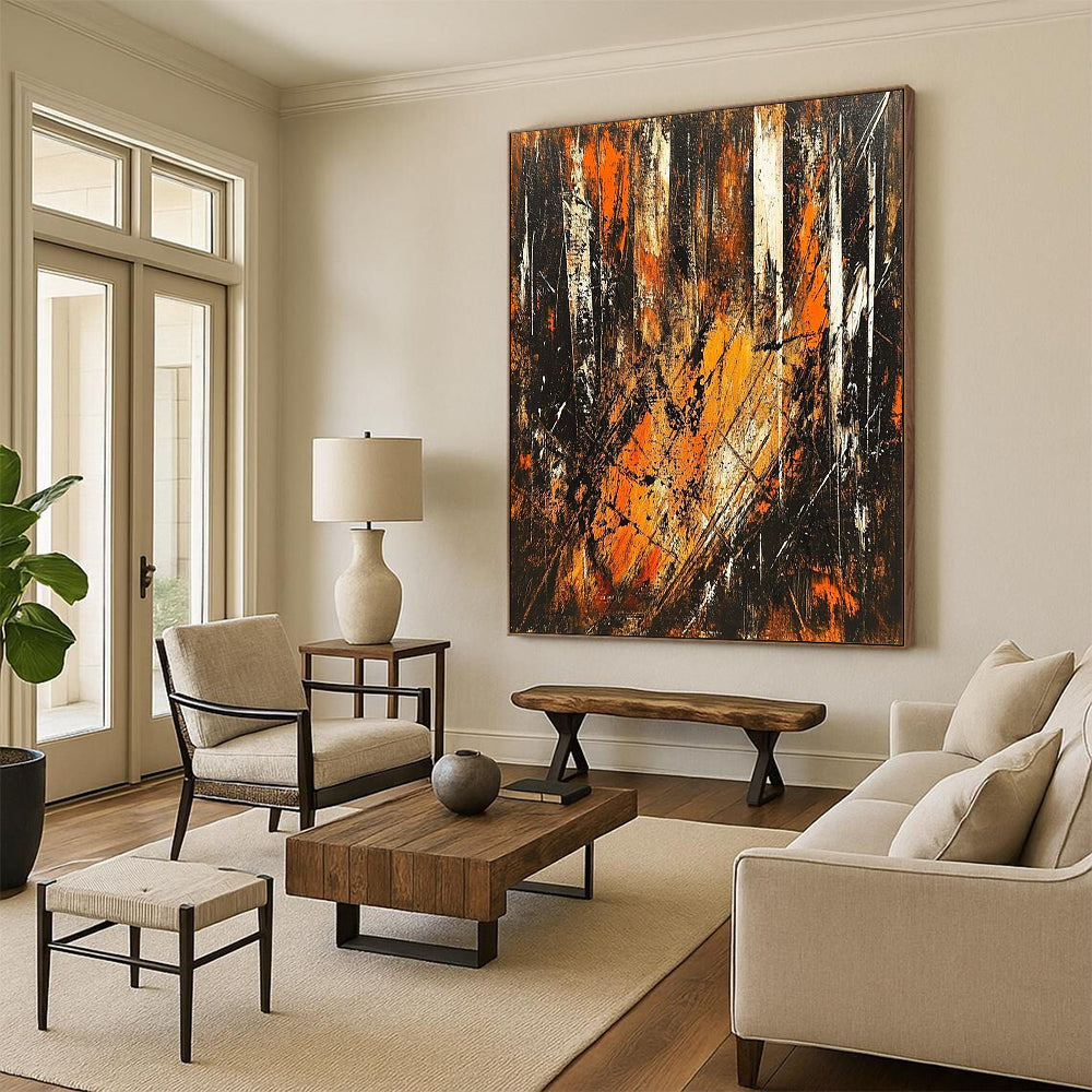Contemporary hand-painted abstract artwork depicting an energetic forest scene with vibrant brown orange and black tones illuminated by sunlight. DLZ1396