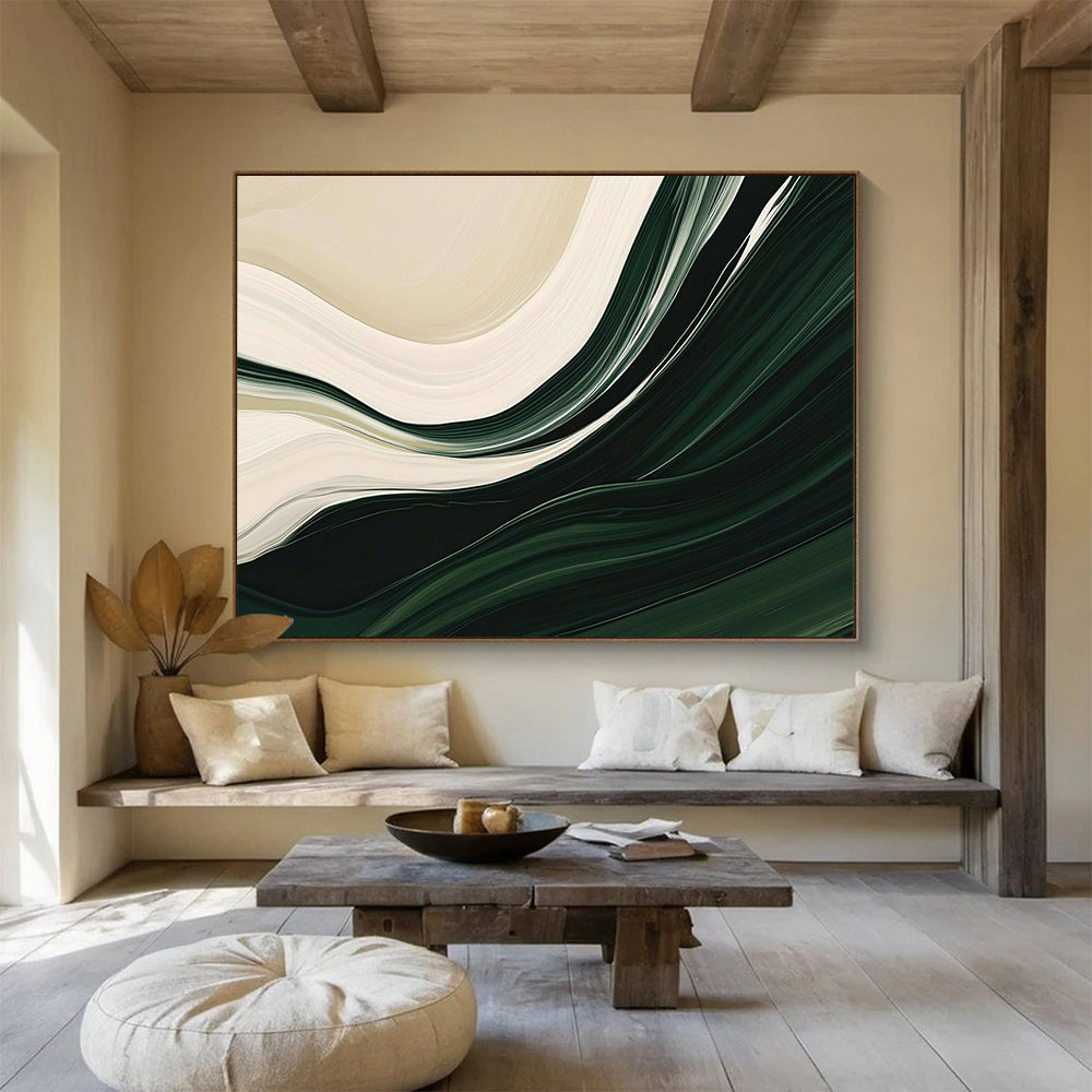 “Flowing Green and White Abstract” - Green, White, Curved Textures Painting On Canvas HB0889