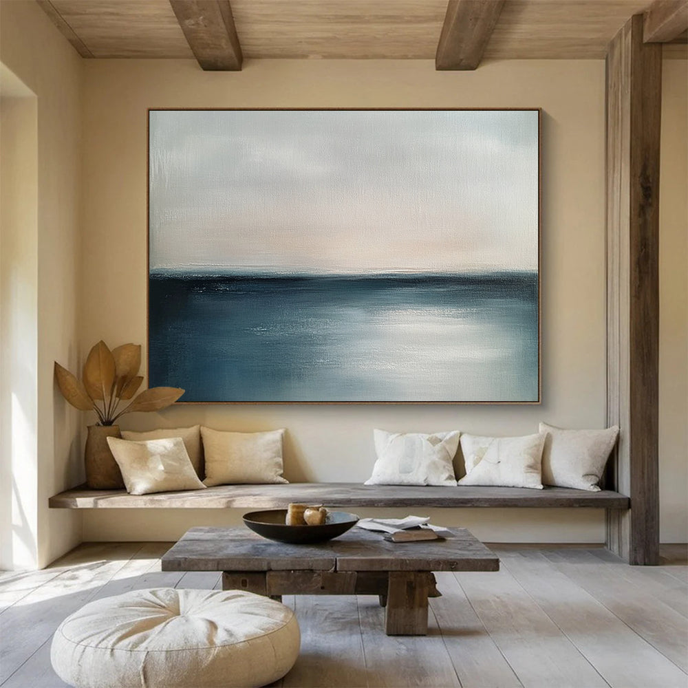 “Serene Horizon” - Soft Gray and Deep Blue, Calm Sea and Sky Painting On Canvas HB0906